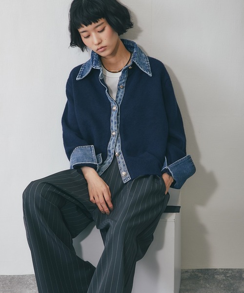kolor 23AW ネイビー ドッキング ニットカーディガン デニムドッキングニットカーディガン（カーディガン/ボレロ）｜ANOTHER