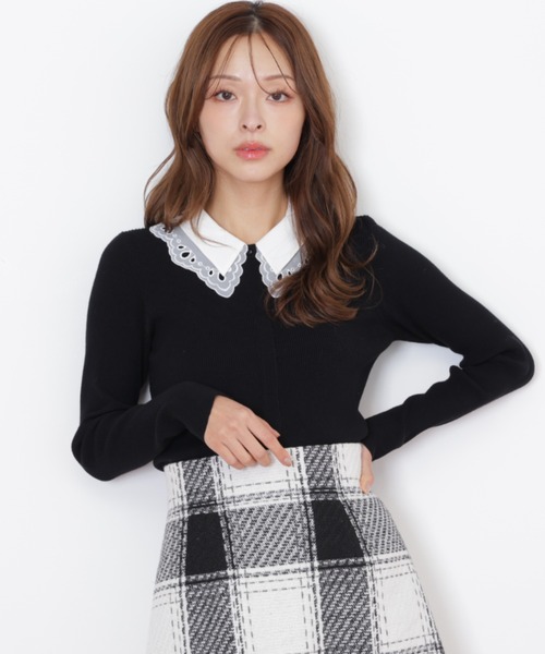 JILL by JILL STUART（ジルバイジルスチュアート）の「◇レース衿レイヤードニット（ニット/セーター・レディース・ホワイト/ブラック/グレー・FREE）」の4枚目の写真