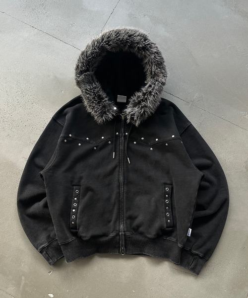 STUDS & EYELETS DESIGN 2WAY FAKE FUR ZIP HOODIE / スタッズ