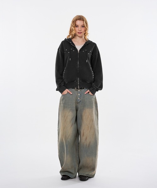 STUDS & EYELETS DESIGN 2WAY FAKE FUR ZIP HOODIE / スタッズ