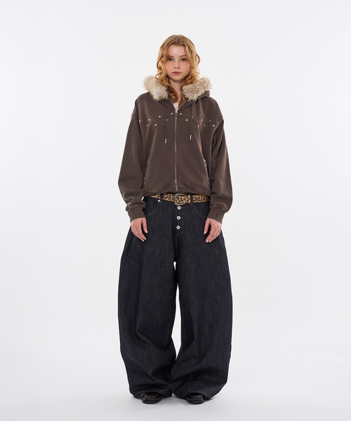 STUDS & EYELETS DESIGN 2WAY FAKE FUR ZIP HOODIE / スタッズ