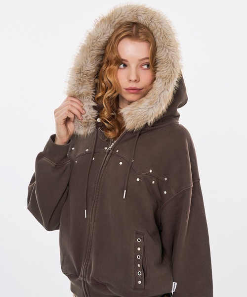★ブライト&ウィン★グッズ STUDS & EYELETS DESIGN 2WAY FAKE FUR ZIP HOODIE / スタッズ