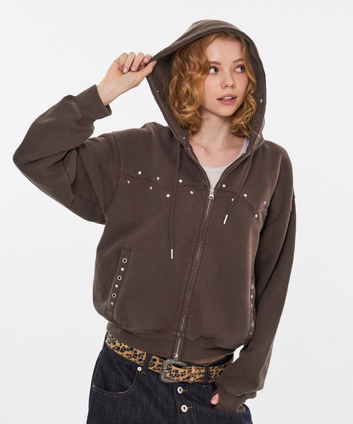 STUDS & EYELETS DESIGN 2WAY FAKE FUR ZIP HOODIE / スタッズ