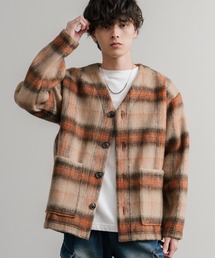 Audience（オーディエンス）の「Upscape Audience アップスケープオーディエンス 日本製 国産 ECOLANA オーバーサイズシャギーチェックノーカラージャケット AUD7339（ノーカラージャケット）」