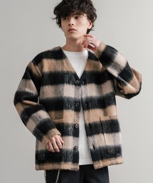 Audience（オーディエンス）の「Upscape Audience アップスケープオーディエンス 日本製 国産 ECOLANA オーバーサイズシャギーチェックノーカラージャケット AUD7339（ノーカラージャケット・メンズ）」