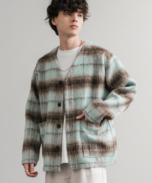 Audience(オーディエンス)の「Upscape Audience アップスケープオーディエンス 日本製 国産 ECOLANA オーバーサイズシャギーチェックノーカラージャケット AUD7339(ノーカラージャケット・メンズ・ブラック×ブルー/ベージュ×ブラック/オレンジ/ミント・M/L)」の4枚目の写真