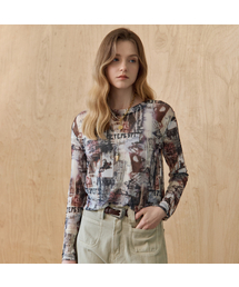 MAXZA（マージャコレクション）の「ヴィンテージレタリングプリントシースルーメッシュTシャツ（Tシャツ/カットソー）」