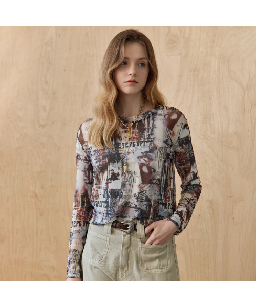 MAXZA(マージャコレクション)の「ヴィンテージレタリングプリントシースルーメッシュTシャツ(Tシャツ/カットソー・レディース・ブラウン・FREE)」の1枚目の写真