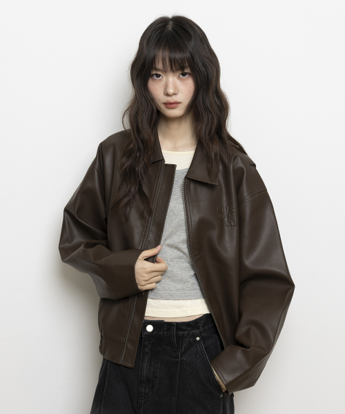 EUGGEN(ユジェン)の「2WAY PUミニマルレザージャケット_ブラウン(ライダースジャケット・レディース・その他・SMALL/MEDIUM)」の1枚目の写真