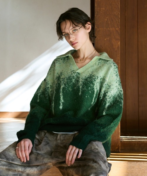 soerte（ソエルテ）の「Irregularity Gradation Skipper Knit/イレギュラーグラデーションスキッパーニット（ポロシャツ・メンズ・ブルー/ブラウン/グリーン・1/2/3）」の2枚目の写真