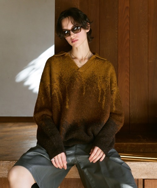 soerte（ソエルテ）の「Irregularity Gradation Skipper Knit/イレギュラーグラデーションスキッパーニット（ポロシャツ・メンズ・ブルー/ブラウン/グリーン・1/2/3）」の4枚目の写真