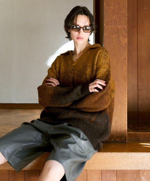 soerte（ソエルテ）の「Irregularity Gradation Skipper Knit/イレギュラーグラデーションスキッパーニット（ポロシャツ・メンズ・ブルー/ブラウン/グリーン・1/2/3）」の5枚目の写真