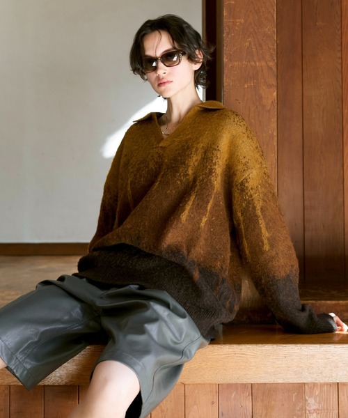 soerte（ソエルテ）の「Irregularity Gradation Skipper Knit/イレギュラーグラデーションスキッパーニット（ポロシャツ・メンズ・ブルー/ブラウン/グリーン・1/2/3）」の6枚目の写真