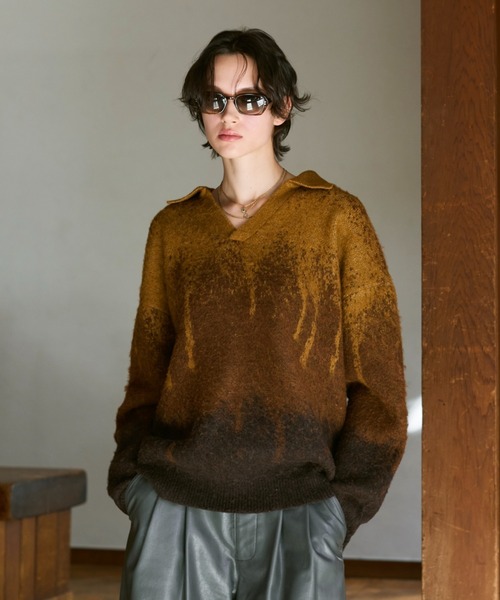 soerte（ソエルテ）の「Irregularity Gradation Skipper Knit/イレギュラーグラデーションスキッパーニット（ポロシャツ・メンズ・ブルー/ブラウン/グリーン・1/2/3）」の7枚目の写真