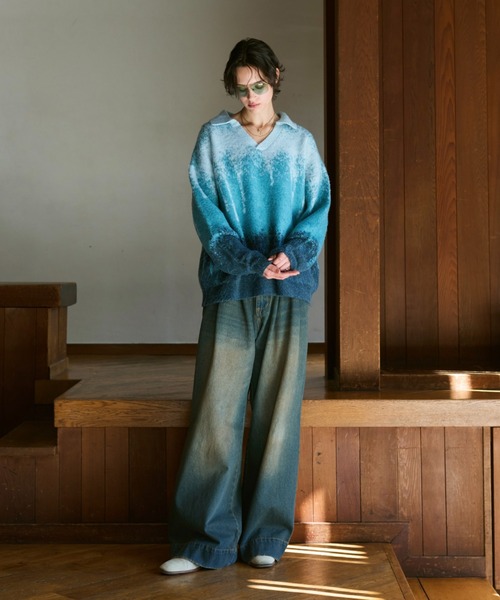 soerte（ソエルテ）の「Irregularity Gradation Skipper Knit/イレギュラーグラデーションスキッパーニット（ポロシャツ・メンズ・ブルー/ブラウン/グリーン・1/2/3）」の11枚目の写真