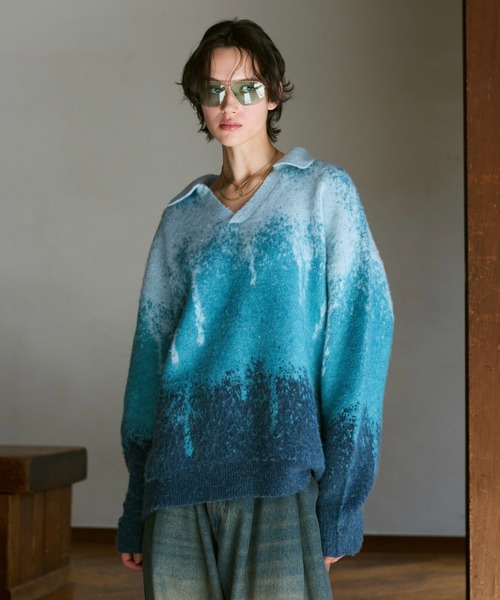 soerte（ソエルテ）の「Irregularity Gradation Skipper Knit/イレギュラーグラデーションスキッパーニット（ポロシャツ・メンズ・ブルー/ブラウン/グリーン・1/2/3）」の12枚目の写真
