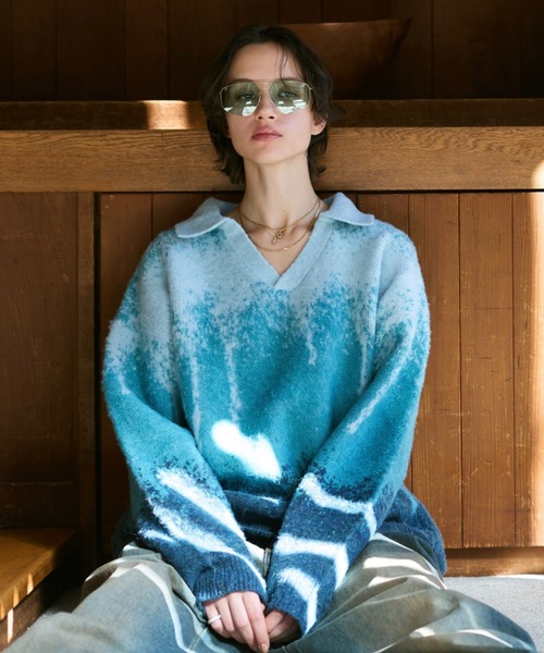 soerte（ソエルテ）の「Irregularity Gradation Skipper Knit/イレギュラーグラデーションスキッパーニット（ポロシャツ・メンズ・ブルー/ブラウン/グリーン・1/2/3）」の16枚目の写真
