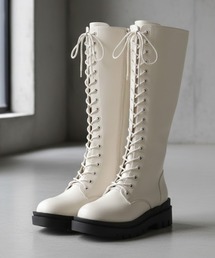 LibertyDoll/+5cm 軽量厚底 スクエアトラックソール レースアップ ロングブーツ(9090IVPU)