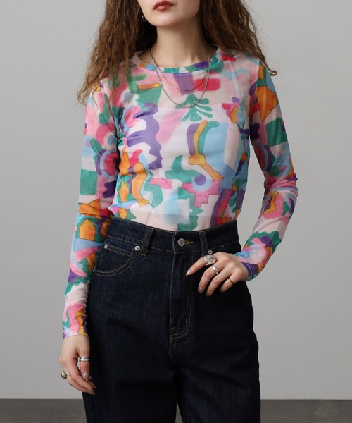 crossi(クロッシー)の「ニュアンス柄 チュールレース長袖カットソー(Tシャツ/カットソー・レディース・ピンク・F)」の9枚目の写真