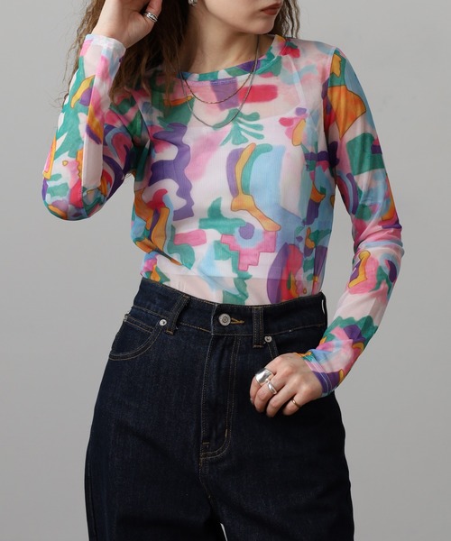 crossi(クロッシー)の「ニュアンス柄 チュールレース長袖カットソー(Tシャツ/カットソー・レディース・ピンク・F)」の10枚目の写真
