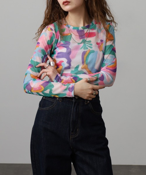 crossi(クロッシー)の「ニュアンス柄 チュールレース長袖カットソー(Tシャツ/カットソー・レディース・ピンク・F)」の11枚目の写真
