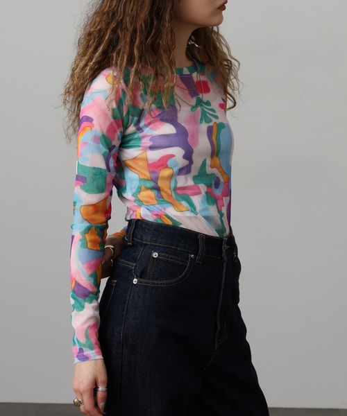crossi(クロッシー)の「ニュアンス柄 チュールレース長袖カットソー(Tシャツ/カットソー・レディース・ピンク・F)」の12枚目の写真