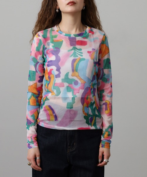 crossi(クロッシー)の「ニュアンス柄 チュールレース長袖カットソー(Tシャツ/カットソー・レディース・ピンク・F)」の5枚目の写真