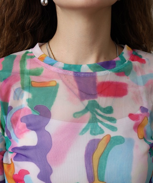 crossi(クロッシー)の「ニュアンス柄 チュールレース長袖カットソー(Tシャツ/カットソー・レディース・ピンク・F)」の8枚目の写真
