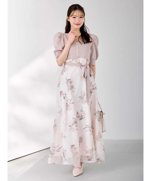 MERCURYDUO（マーキュリーデュオ）の「ブーケ花柄ニットドッキングワンピース（ワンピース・レディース・ベージュ/ラベンダー/ブラック・MEDIUM/SMALL）」の3枚目の写真