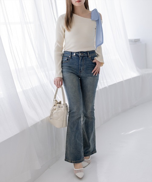 clear（クリア）の「シアーリボンワンショルニットトップス[大人 フェミニン 上品]≪新作≫（ニット/セーター・レディース・グリーン/グレー/ブラック/アイボリー・F）」の11枚目の写真