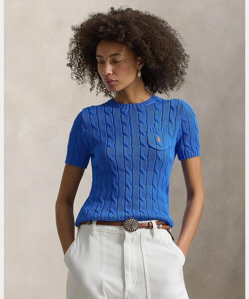 POLO RALPH LAUREN(ポロ ラルフ ローレン)の「ケーブルニット コットン ショートスリーブ セーター(ニット/セーター・レディース・ブルー・S/M)」の1枚目の写真