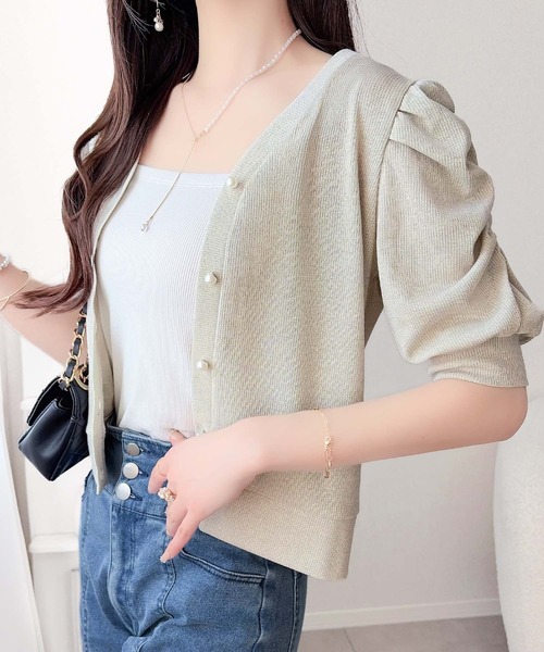 mily bilet(ミウィビレット)の「【mily bilet】さりげないラメで華やぐ。袖ギャザーパフスリーブラメテレコリブパール釦カーディガン(半袖)(カーディガン/ボレロ・レディース・ピンク/アイボリー/ブラック・LARGE/MEDIUM/SMALL/X-LARGE)」の13枚目の写真