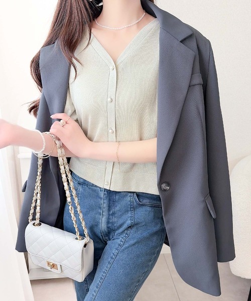 mily bilet(ミウィビレット)の「【mily bilet】さりげないラメで華やぐ。袖ギャザーパフスリーブラメテレコリブパール釦カーディガン(半袖)(カーディガン/ボレロ・レディース・ピンク/アイボリー/ブラック・LARGE/MEDIUM/SMALL/X-LARGE)」の15枚目の写真