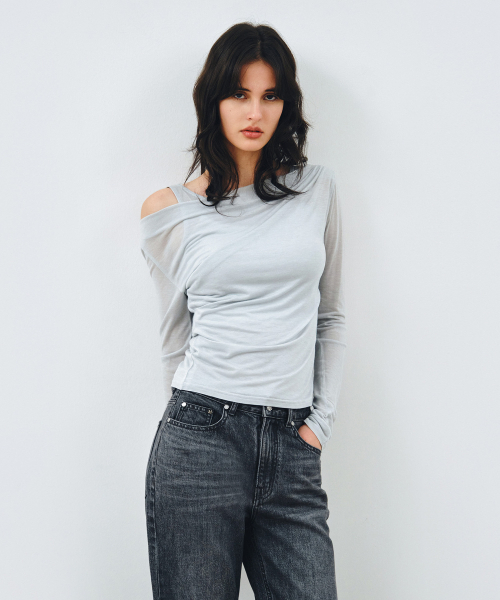 MONGDOL（モンドル）の「[SET] ワンショルダードレーピングレイヤードTシャツスカイブルー MDTS088SKYBLUE（Tシャツ/カットソー・レディース・その他・F）」の4枚目の写真