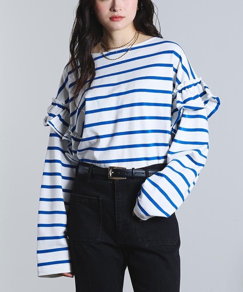 ROSE BUD(ローズバッド)の「(mag.by c)FRILL STRIPE L/S TOP(Tシャツ/カットソー・レディース・ブラック/ホワイト・ONE SIZE)」の1枚目の写真