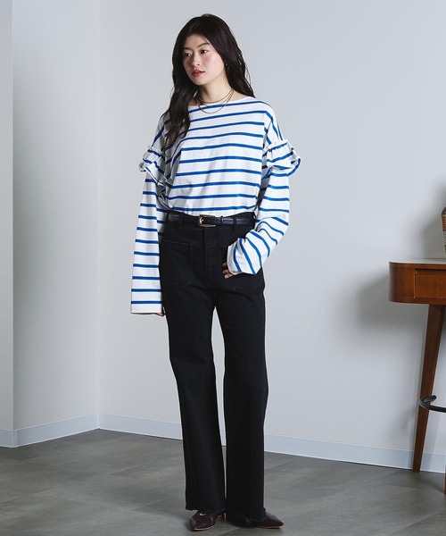 ROSE BUD(ローズバッド)の「(mag.by c)FRILL STRIPE L/S TOP(Tシャツ/カットソー・レディース・ブラック/ホワイト・ONE SIZE)」の3枚目の写真