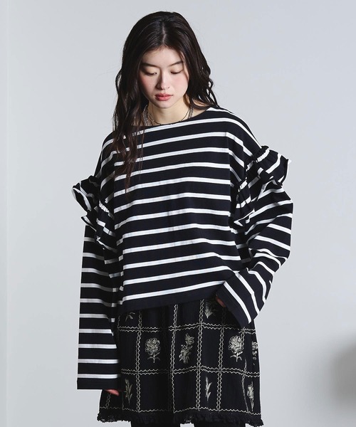 ROSE BUD(ローズバッド)の「(mag.by c)FRILL STRIPE L/S TOP(Tシャツ/カットソー・レディース・ブラック/ホワイト・ONE SIZE)」の7枚目の写真