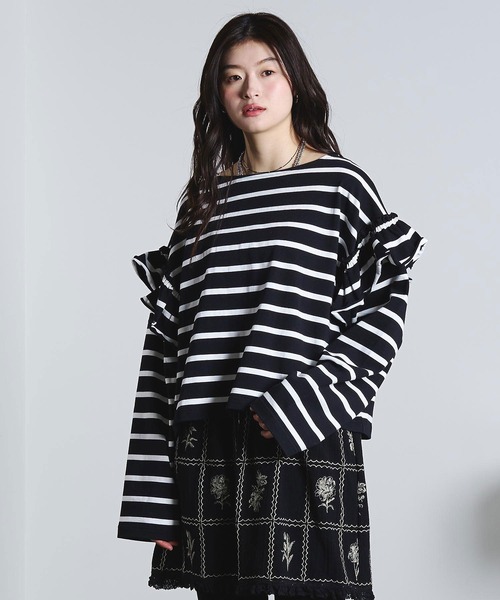 ROSE BUD(ローズバッド)の「(mag.by c)FRILL STRIPE L/S TOP(Tシャツ/カットソー・レディース・ブラック/ホワイト・ONE SIZE)」の8枚目の写真
