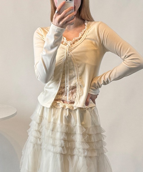 Emilie(エミリー)の「フェイクレイヤード カーディガン風 プルオーバートップス(Tシャツ/カットソー・レディース・ピンク/グレー/アイボリー/ライトブルー・FREE)」の7枚目の写真