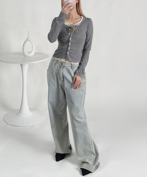 Emilie(エミリー)の「フェイクレイヤード カーディガン風 プルオーバートップス(Tシャツ/カットソー・レディース・ピンク/グレー/アイボリー/ライトブルー・FREE)」の13枚目の写真