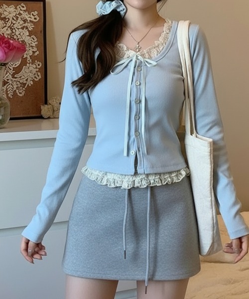 Emilie(エミリー)の「フェイクレイヤード カーディガン風 プルオーバートップス(Tシャツ/カットソー・レディース・ピンク/グレー/アイボリー/ライトブルー・FREE)」の16枚目の写真
