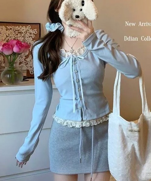 Emilie(エミリー)の「フェイクレイヤード カーディガン風 プルオーバートップス(Tシャツ/カットソー・レディース・ピンク/グレー/アイボリー/ライトブルー・FREE)」の17枚目の写真