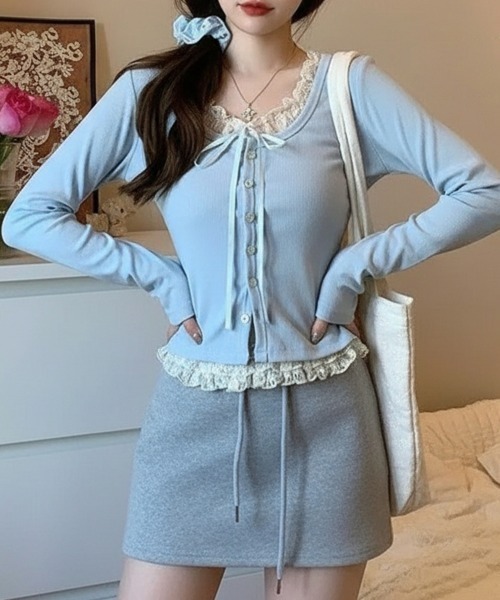 Emilie(エミリー)の「フェイクレイヤード カーディガン風 プルオーバートップス(Tシャツ/カットソー・レディース・ピンク/グレー/アイボリー/ライトブルー・FREE)」の18枚目の写真