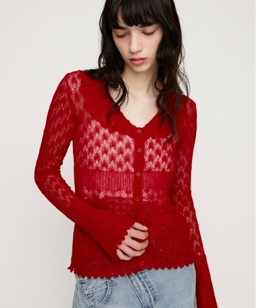 SLY(スライ)の「FRILL OPENWORK KNITTING C/D フリルオープンワークニッティングカーディガン 春服 夏服(カーディガン/ボレロ・レディース・オフホワイト/ブラック/レッド・FREE)」の2枚目の写真