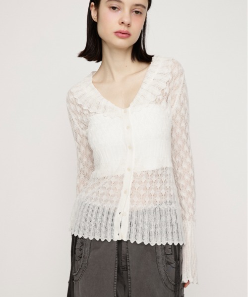 SLY(スライ)の「FRILL OPENWORK KNITTING C/D フリルオープンワークニッティングカーディガン 春服 夏服(カーディガン/ボレロ・レディース・オフホワイト/ブラック・FREE)」の2枚目の写真