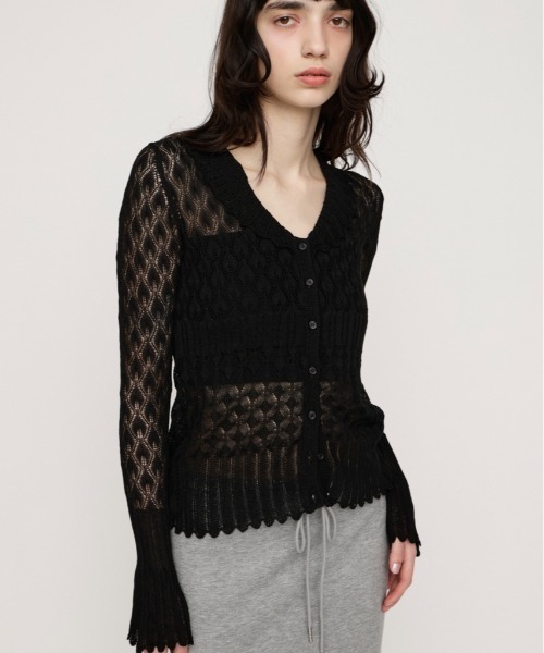 SLY(スライ)の「FRILL OPENWORK KNITTING C/D フリルオープンワークニッティングカーディガン 春服 夏服(カーディガン/ボレロ・レディース・オフホワイト/ブラック・FREE)」の1枚目の写真