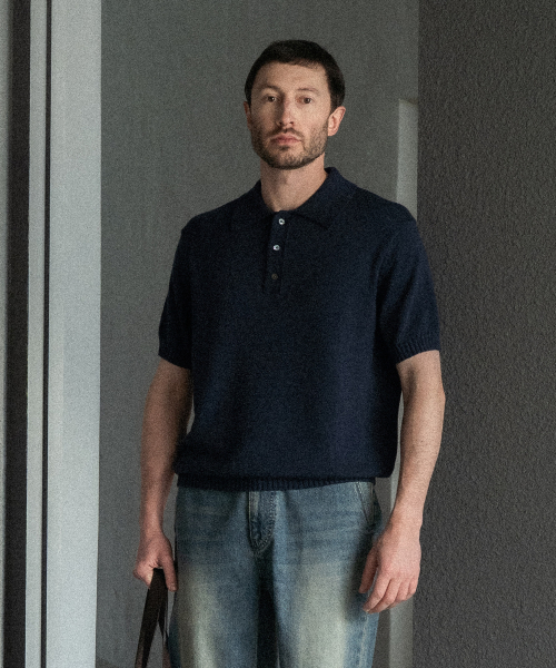 MANNERGRAM(マナーグラム)の「ソフトコットン100 3PLY ポロ 半袖ニット ダークネイビー(ニット/セーター・メンズ・その他・MEDIUM/LARGE/X-LARGE/XX-LARGE)」の1枚目の写真
