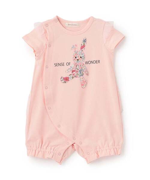 sense of wonder(センスオブワンダー)の「リバティウサクマアップリケ半袖ショートオール(ロンパース・キッズ・ピンク/ホワイト系・70cm/80cm)」の2枚目の写真