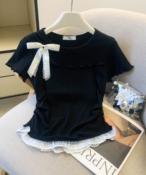 LUCPY(ラクピー)の「リボン付きフリルデザイン半袖トップス(その他トップス・レディース・ピンク/ブラック/ホワイト・X-LARGE/LARGE/MEDIUM/SMALL)」の1枚目の写真