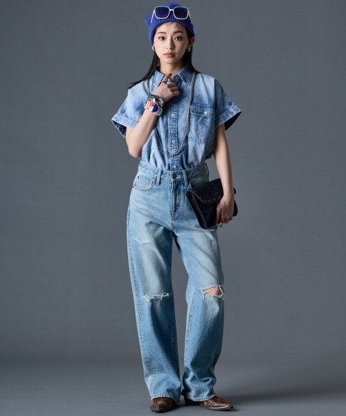 GEVS.(ジェイヴィス)の「ライトオンスデニムフレンチスリーブシャツ<大きいサイズ有>GEVS.(シャツ/ブラウス・レディース・ネイビー系/ブルー系・M/L/LL/3L/4L/5L)」の6枚目の写真